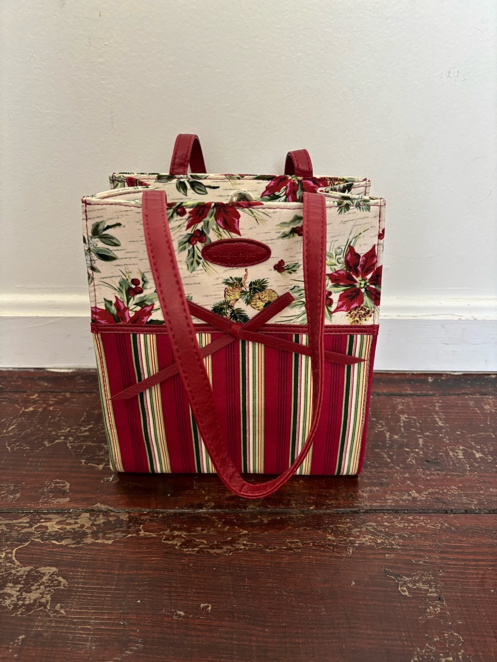 Longaberger holiday poinsettia striped small tote